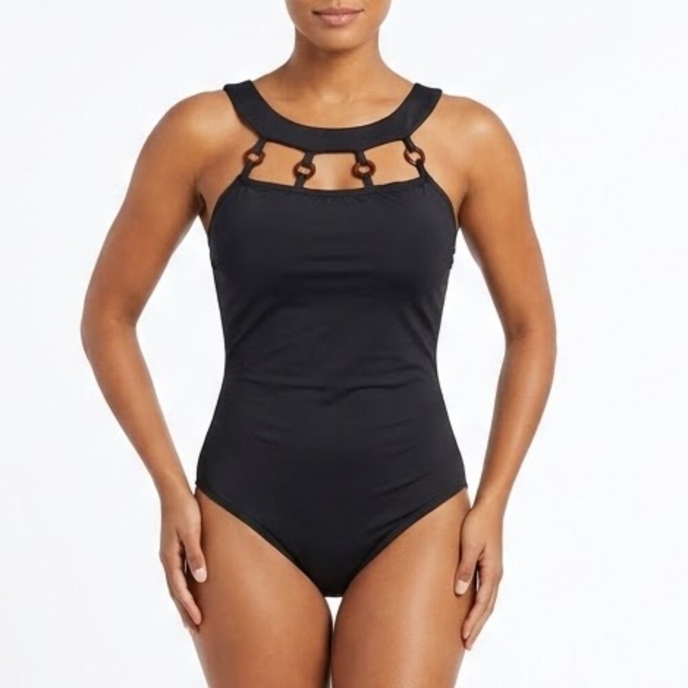 Jantzen Women's Black Wildlife Accent Ring Straps High Neck Swimsuit Plus Sz 16
